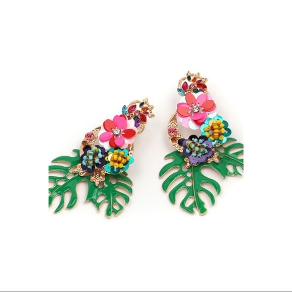 ZARA Gold & Multi Bright Tropical Floral Palm Leaf Dangle Statement Earrings - Picture 9 of 16